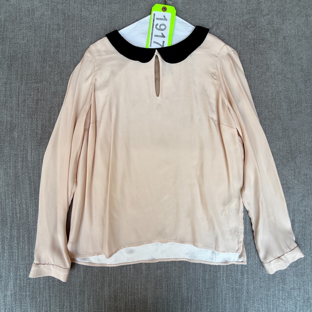 ZARA Blouse Top Womens Medium Pink Silk Mulberry Peter Pan Collar Keyhole Back